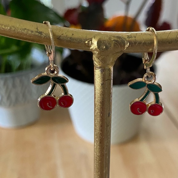 MAKE ME AND OFFER NWT Red Cherry Gold Charm Huggie Earrings - Picture 2 of 2